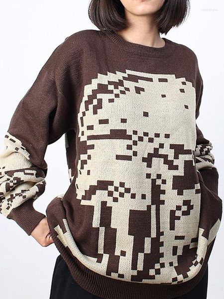 Suéteres femininos Brown Pullover Sweater Retrato de malha vestido de rua menina grande harajuku o-decote y2k emo único