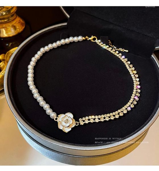 Kolye Kolyeleri Fransız Vintage Camellia Pearl Gem Zarif Tatlı Bayanlar Kolye