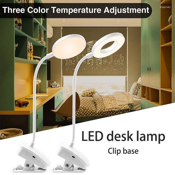 Lâmpadas de mesa Lâmpada LED Lâmpada de trides de temperatura de três cores Base de clipe USB pode ser colocada recarregável para o escritório do escritório de bateria