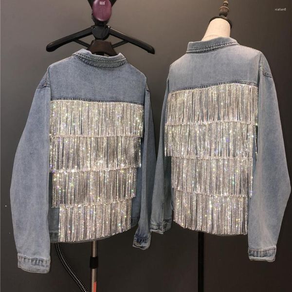 Jackets femininos harajuku mulheres strass em borlas de jeans de jeans de diamantes soltos diamantes de jeans com franjas bombardeiro cardigan tops outwear