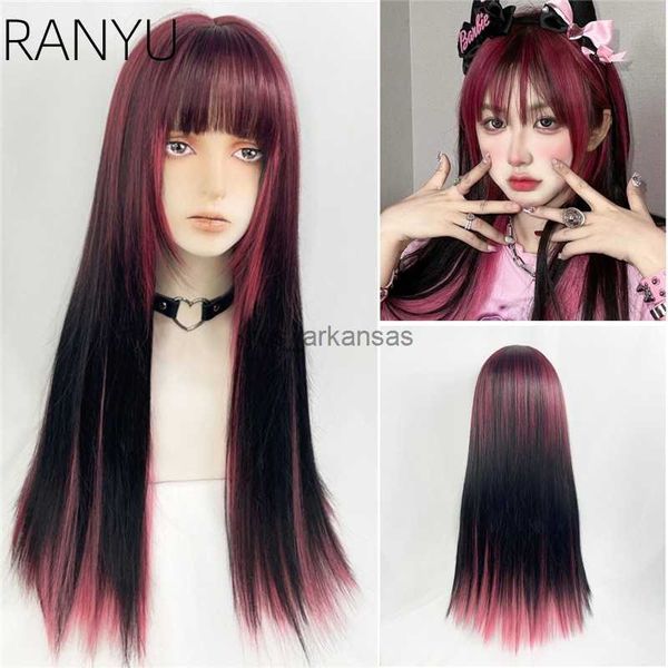 Синтетические парики Ranyu Brown Pink выделяют длинные прямые синтетические парики с двойным цветом, волосы, девчонка, ежедневное использование с челкой лолита парики HKD230818