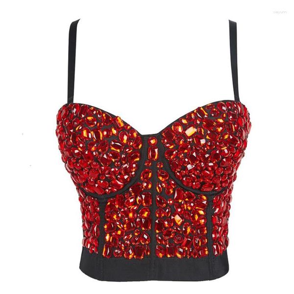 Tanques femininos Redes Red Crystal Roupas Tops para mulheres Push Up Bustier Crochet Roupfits Fits de contas Estética Crop Crop Club Bra Plus