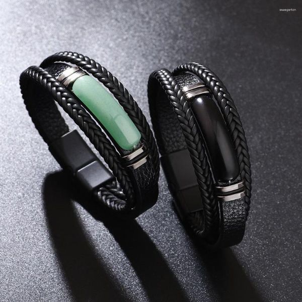 Странд мужской панк -кожаный браслет зеленый донг натуральный камень