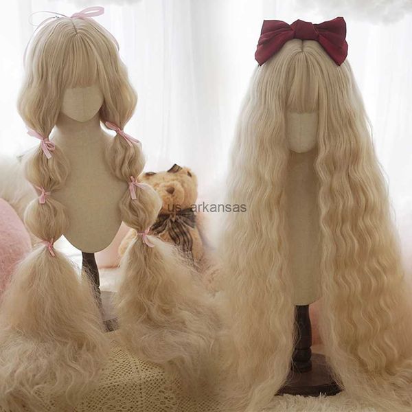 Perucas sintéticas meifan sintéticas super longas peruca lolita com franja penteado trançado tecido à mão com garra dupla rabo de cavalo peruca HKD230818