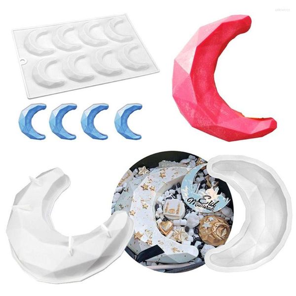 Moldes de cozimento 8 Cavidade Eid Mubarak 3D Moon Star Bolo de silicone Molde