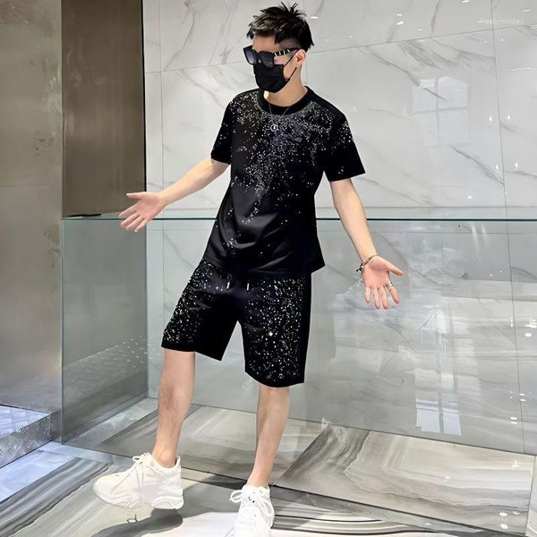 Herren Tracksuits T-Shirt Herren Kurzes Sets Schwere Branchen-Perlen-Mode personalisierte Sternhülle Sommerkleidung Männer schwarz cool