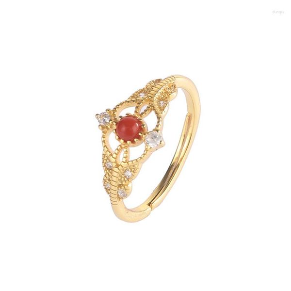 Clusterringe JZ140 ZFSILVER Silber S925 Modetrendy Gold South Red Achate Hollow Simple Design Persimmon Ring für Frauen Hochzeitsfeier