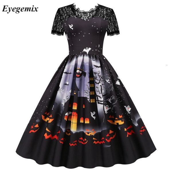 Ocasiões Especiais Lace Retro Halloween Dres trajes de manga curta 50s 60s Vestage Party Vestres Skull Witch Scary Holloween Cosplay 230818