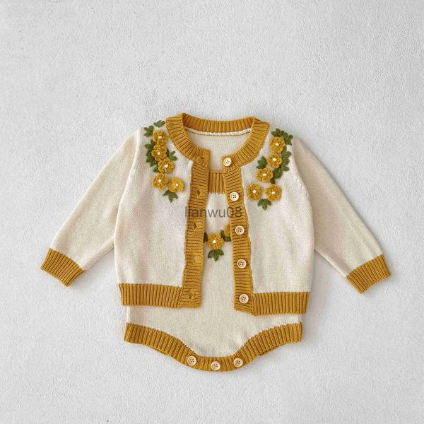 Pullover Herbst Junge Mädchen Kinder Handgemachte Gestrickte 3d Blume Pullover Baby Casual Strickjacke Tops Mantel Kind Mode Stricken Hosenträger Bodysuit x0818