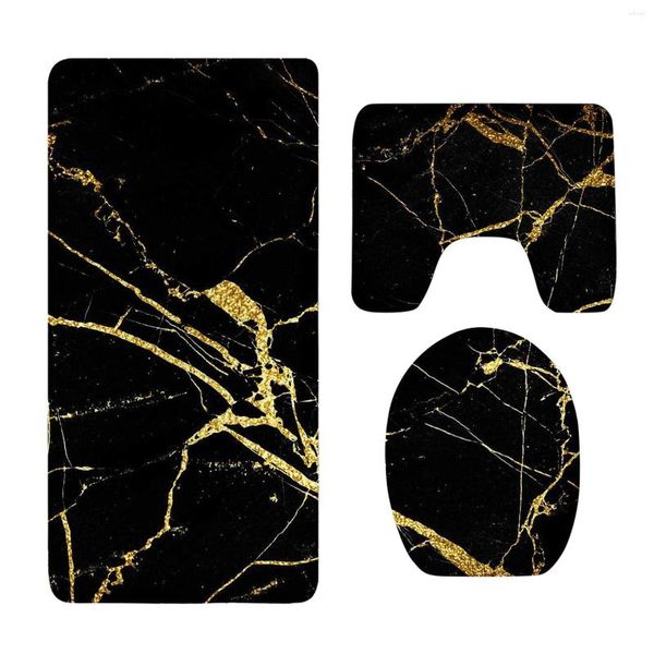 Set di accessori per bagno da 3 pezzi Coperchio di coperchio igienico e tappetino non slip nero crepa oro Prodotto decorativo