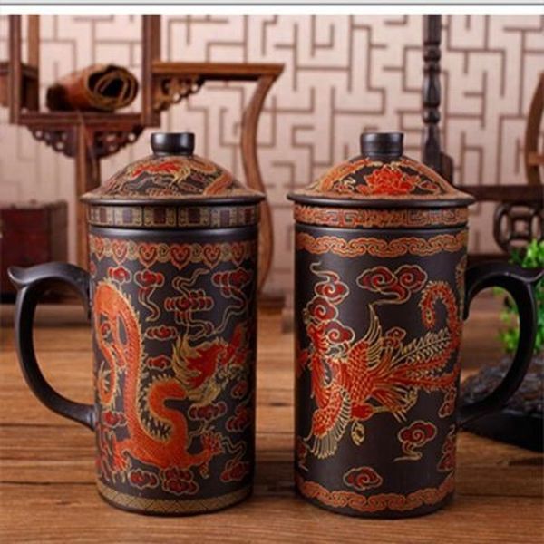 Becher traditioneller chinesischer Drache Lila Ton Tee Tasse mit Deckelsieb Retro handgefertigtes Yixing Cup Zisha Teetasse Geschenk Tumbler 230817