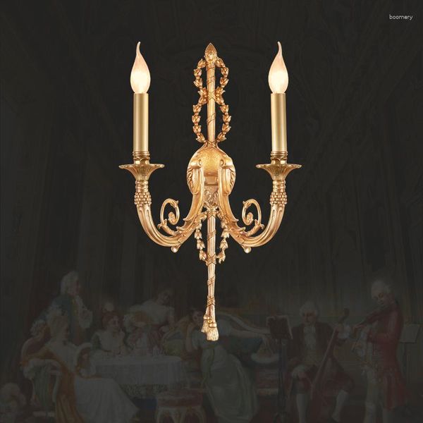 Lâmpada de parede European Golden Copper Candle Sala de estar da escada do quarto E14 French Classical Brass Sconce Light