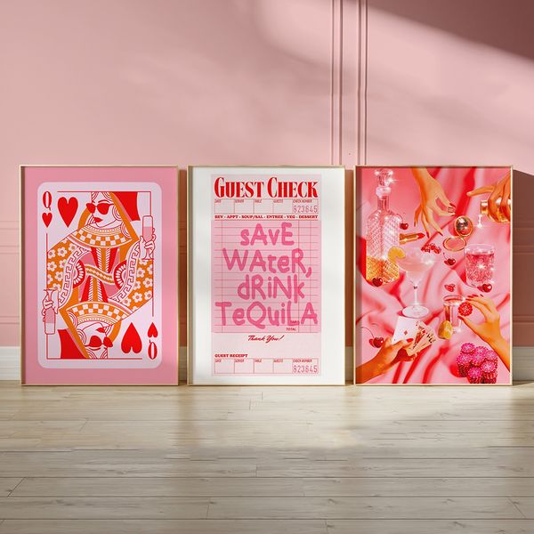 Andere Event -Party liefert rosa nordische trendige Retro Ace -Karten -Poker -Nachtplakat Leinwand Malerei Gäste Scheck Wandbilder Wohnzimmer Moderne Bar Dekor 230818