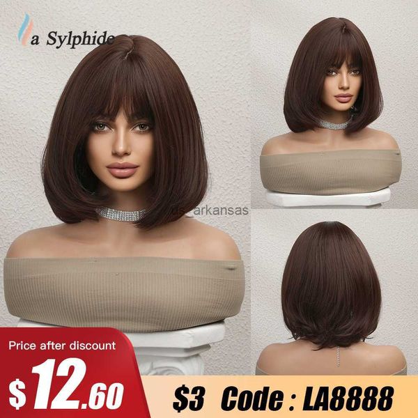 Perucas sintéticas La Sylphide Brown Bob peruca com franjas de boa qualidade perucas curtas para mulheres naturais festas diárias lolita resistente ao calor HKD230818