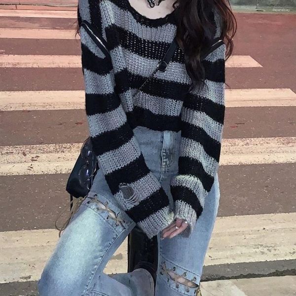 Kadın Sweaters Harajuku Punk Subkültür Gevşek Kısa Süvari Kadınlar Striped Omuz Seksi Delikli Örgü Külot Üst Giyim