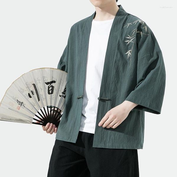 Мужские повседневные рубашки мужская вышивка кимоно мода хип -хоп рубашка с коротким рукавом блуз с китайским стилем осень осень Vi