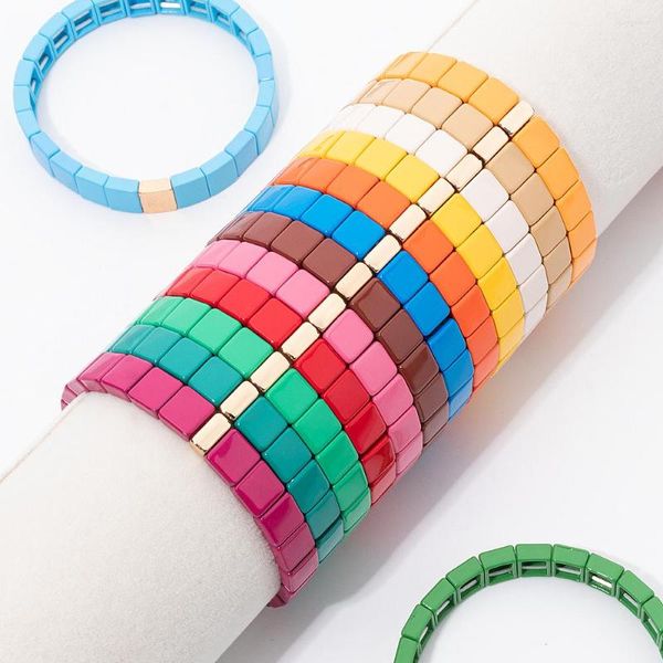 Strand 8x8mm Quadratform Pure Color Emaille Armbänder für Frauen farbenfrohe Perlen Boho Elastic Bangle Party handgefertigter Schmuck