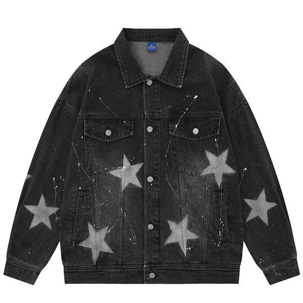 Mens Jackets Vintage Graphic Star Speckle Print Print Denim Jacket Men Fashion Hip Hope Jeans Coats Streetwear Y2K Cowboy 230818