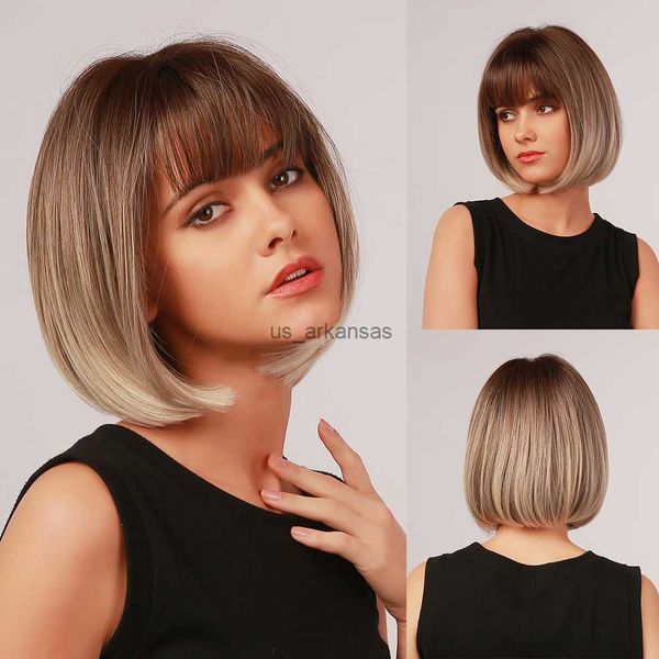 Synthetische Perücken la Sylphid Synthetische Perücke kurze gerade Wurzel braune Ombre Blonde Bob -Perücken mit Pony for Woman täglich Hochtemperaturfaser HKD230818