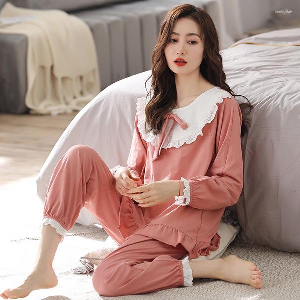 Mulheres femininas Mulheres rosa algodão 2pcs Sweet Square Sleep Sleep Sleep Style Pijamas Define roupas de noite casuais casuais