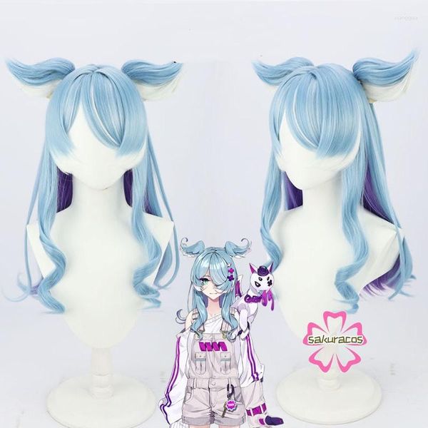 Supplência de festa vtuber elira pendora cosplay peruca orelhas roxas azul de 65 cm de longa perucas de cabelo cacheado