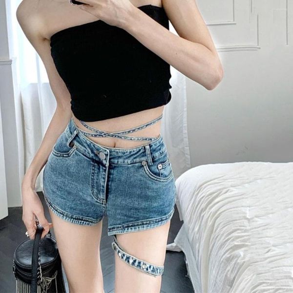 Shorts femininos garotas retro lavadas jeans de jeans de verão alta perna larga perna larga calça curta y2k jeans Sexy Bandge