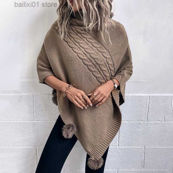 Women's Cape 2023 Autumn Buttuns Rain Poncho Turtle Neck Women Neck Inverno inverno Parachute Knitting Knitting Holiday Vintage Cape Bat Wing Sleeve Ponczo T230817