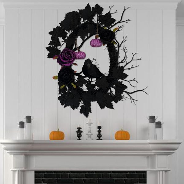 Altre forniture per feste di eventi Halloween Ovali Ghirlanda Ovale Rose viola e uccello nero con foglie di acero realistiche TS di zucca L5 230817