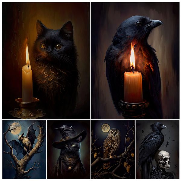 Pinturas bate preto gato bruxa antiga coruja corvo de parede de parede de parede pintando pintura de bruxa escura Halloween gótico Pôster Vintage Print Home Decor 230817