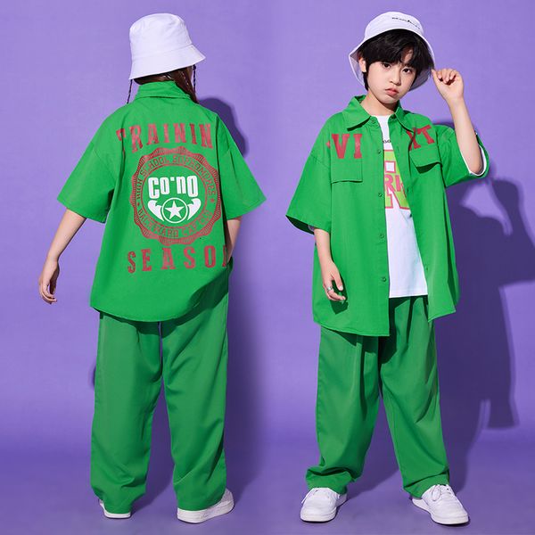 Set di abbigliamento per bambini hip hop kpop abbigliamento a manica corta camicia verde streetwear pantaloni larghi per ragazze ragazzi jazz danza costume abiti 230817