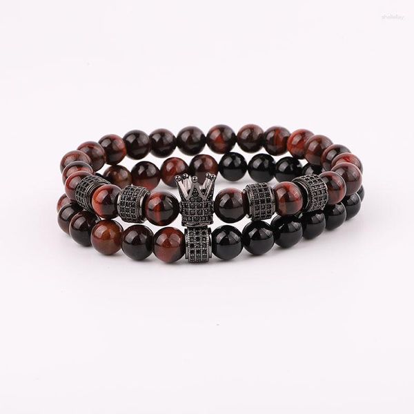 Filo di alta qualità tigre rosso naturale occhio onice perle in pietra cubica zircone fascino elastico bracciale set di gioielli