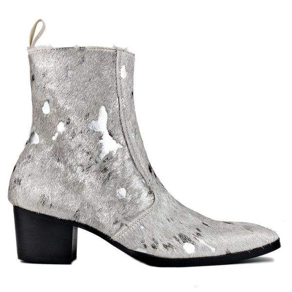 Sicherheitsschuhe Männer Chelsea -Knöchelstiefel echtes Pferd Leder Haar Leopardenstiefel mit Seiten Reißverschluss Ferse Designer Schuhe Farbe Silber 230816