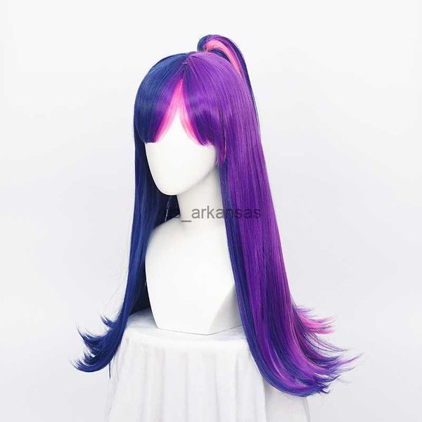 Synthetische Perücken Twilight Sparkle gerade lila blau rosa gemischte longsynthetische haare cosplay isplay mit chip ponytail + kostenlos eine wig cap hkd230818