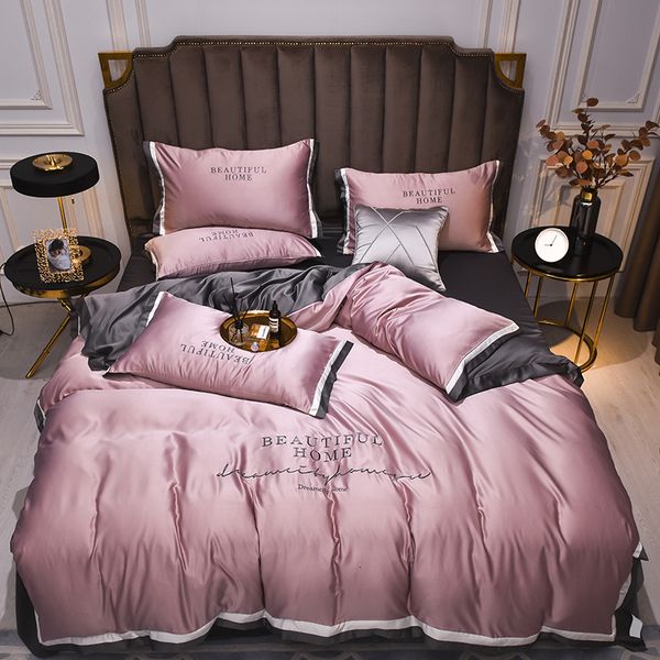 Set di biancheria da letto set di lusso rosa grigio grigio bianco rayon foglio trapunta cuscino comodo morbido re queen regina 4pcs 230817