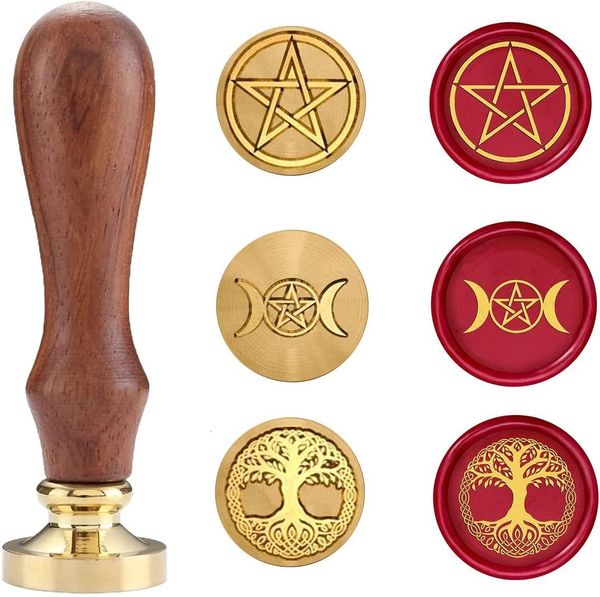 Kleber Aufkleber Wachs Seal Stempel Set Versiegelungsstempel Kupferdichtungen mit Holzhütten Wicca Triple Moon Pentagramm Baum des Lebens 230818