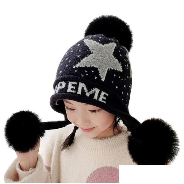 Beanie/Totenkopfkappen Modeaccessoires Winter Kinder Hut Maske Set Gestrickte Warme Fleece Outdoor Pompom Für Mädchen Junge Kind Gesicht Drop Liefern Dhbnu