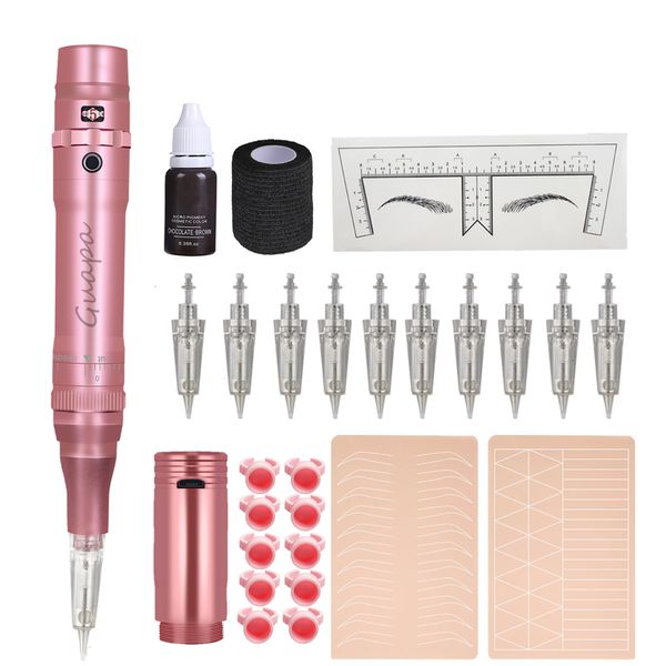 Tattoo Machine Pink Kit sem fio de maquiagem permanente com agulhas de cartucho de 10pcs suprimentos de microblading para sobrancelhas em pó delineador de lábios 2308017