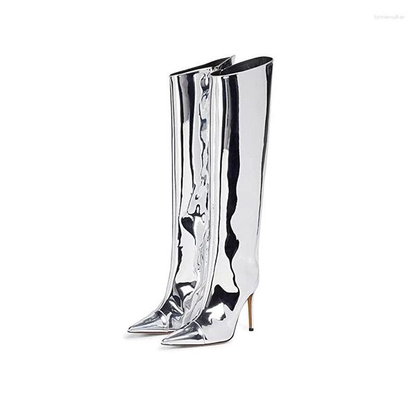 Stiefel Damen Knie hoch sexy spitze Zehen Stiletto Fersenstiefel Metallic Leder Reißverschluss Stiefel Stiefel Schuhe