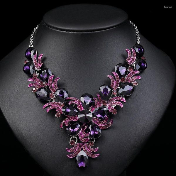 Orecchini di collana set di colori viola caduta d'acqua matrimonio da sposa festa formale ballo primati set di spine cristalline