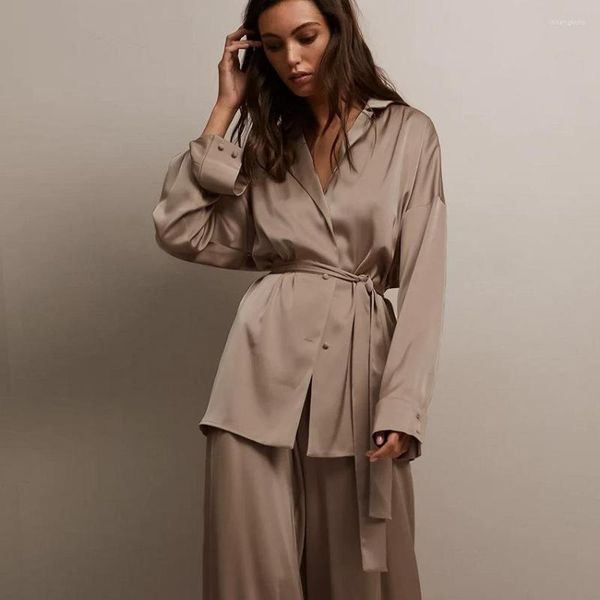 Frauen Nachtwäsche schnüren volle Ärmel Seidensatin Frauen Pyjama Sets Outfit