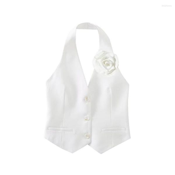 Frauenwesten 2023 Frauen koreanische Mode Single Breasted Flower Design White Noachter Weste Jacke Büro Damen Ärmeloses Ernte Weste Tops