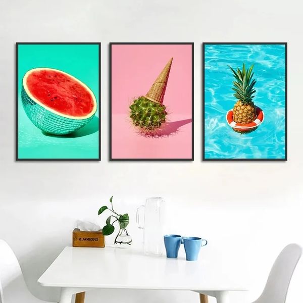 Tela rosa dessert nordica dipinto di pittura murale arte gelato torta anguria ananas ananas di originalità di frutta poster e stampa immagini da pranzo decorazione cucina wo6