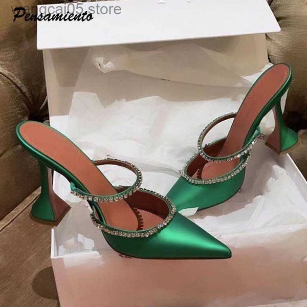 Scarpe eleganti 2021 Rinestones Satin Women Pumps Slifors Schede eleganti a punta di punta Lady Mules Sildes Summer Fashion Party Preg Scarpe T230818