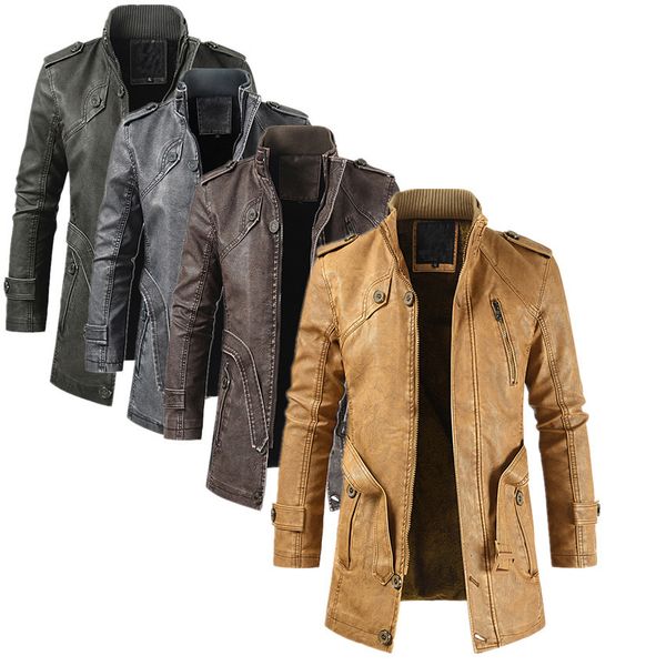 Куртки зимние мужские толстые флисовые кожаные мотоциклетные куртки пальто длинная верхняя одежда модная теплая повседневная винтажная одежда для мужчин байкерская Jaqueta 230816