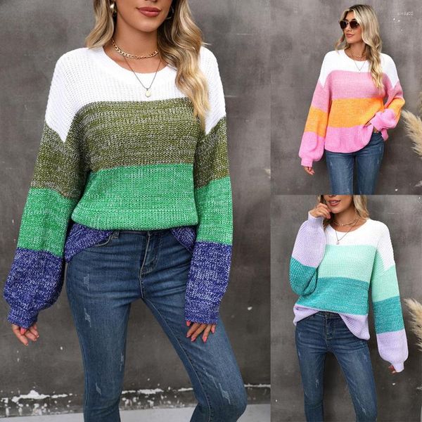 Kadın Sweaters Fashion Woman Patchwork Kontrast Gevşek Kazak Külot Şık gündelik Crewneck Örme Jumper Street Giyim Örgü