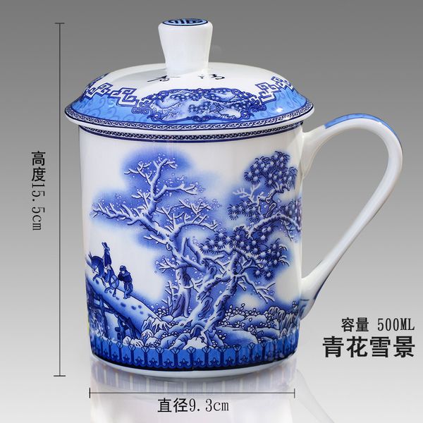 Kupalar 500ml Çin tarzı kemik Çin jingdezhen mavi ve beyaz porselen çay bardağı ofis içecek seyahat çayware 230817