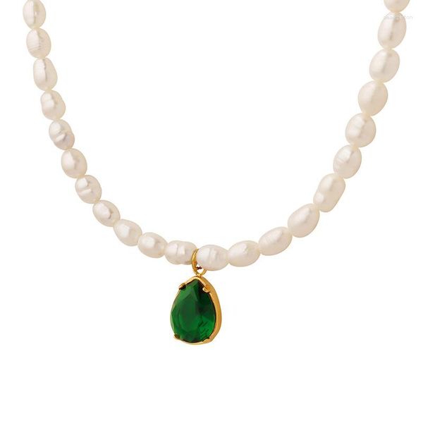 Anhänger Halsketten moderne Süßwasserperlen Halskette für Frauen grünes Zirkon Luxusschmuck Lady Perlenkettenhandwerk Kunsthandwerk handelt