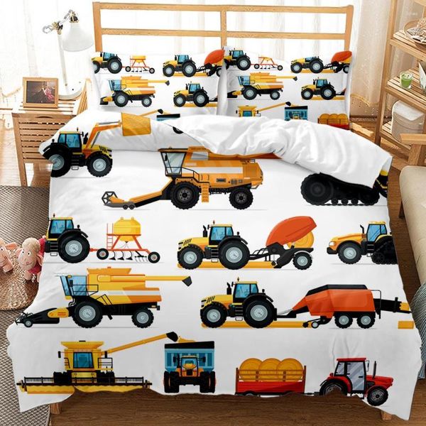 Bedding Sets Boys Cartoon Car Conjunto de veículos de construção completa capa de consolador de máquinas de máquinas de caminhão de poliéster macio de poliéster