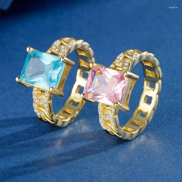 Anelli di nozze Aqua Anello di pietra quadrata a cristallo elegante Elegante impegno zircone rosa per donne Gioielli a colori in argento in oro rosa