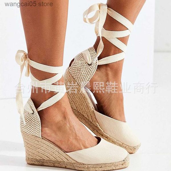 Kleiderschuhe 2023 Frauen Espadrille Knöchelgurt Sandalen bequeme Hausschuhe Damen Frauen lässige Schuhe atmungsaktive Flachs Hanf Leinwand Pumps T230818